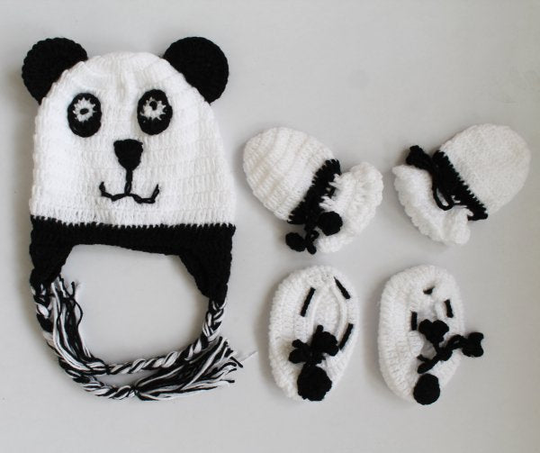 Handmade Panda Style Shoes Cap And Mittens Set