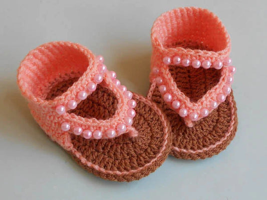Handmade Crochet Baby Sandals – Peach & Brown