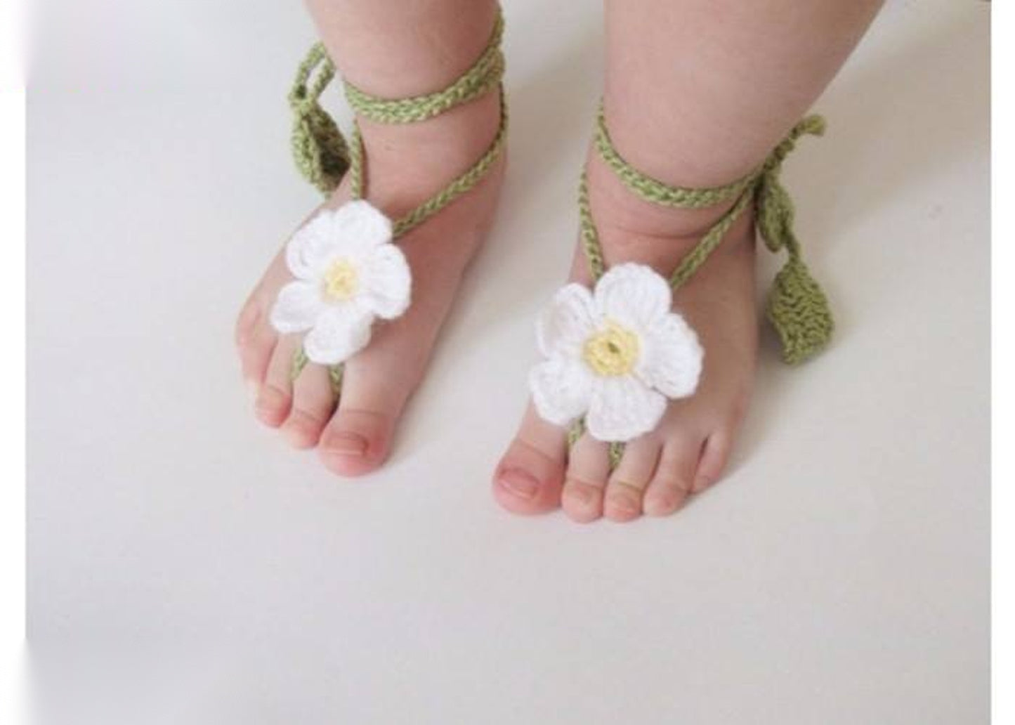 White Daisy Baby Barefoot Sandals - Olive Green Summer Comfort
