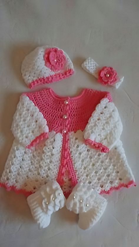 Handmade Crochet Winter Baby Dress Pink & white