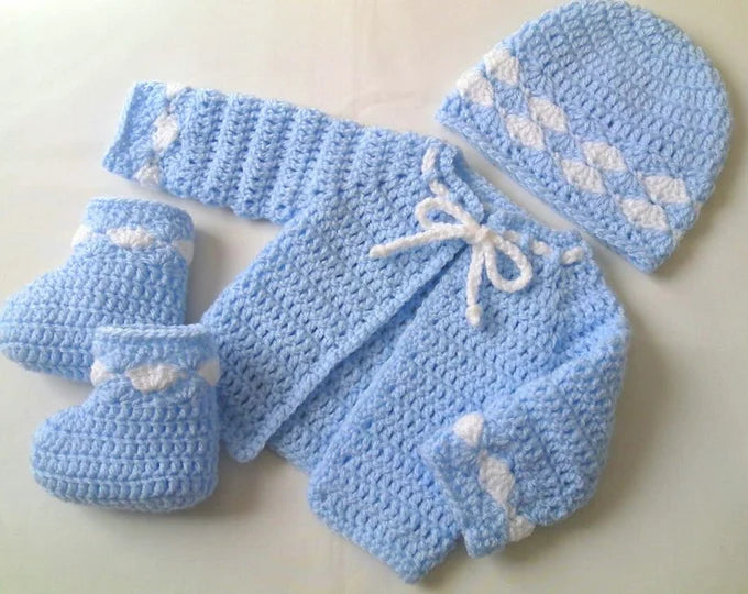 Crochet Boys Winter Outfit (Cap, Shoes & Dress) – Sky Blue