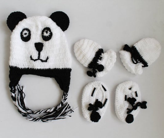 Handmade Panda Style  Shoes Cap And Mittens Set
