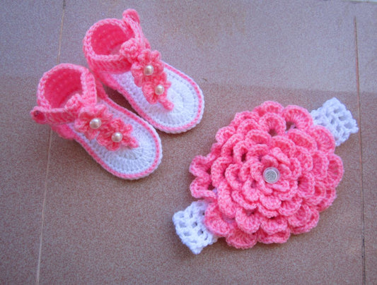 Handmade Crochet Baby Sandals with Matching Flower Headband – Soft Infant Summer Shoes Set