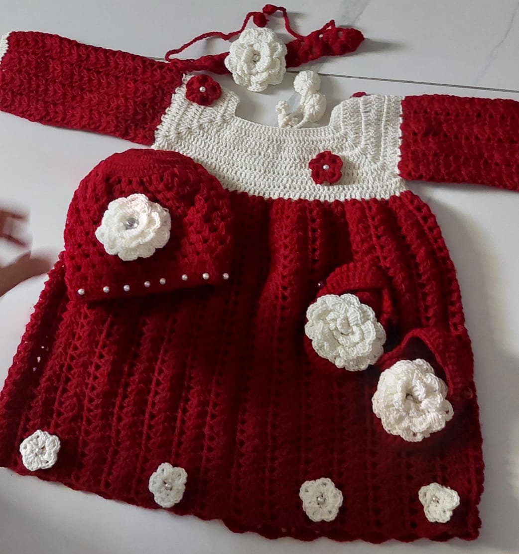 Winter Baby Dress Set – Woolen Full Sleeves Frock with Matching Cap, Shoes and Headband