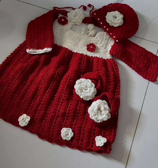 Winter Baby Dress Set – Woolen Full Sleeves Frock with Matching Cap, Shoes and Headband