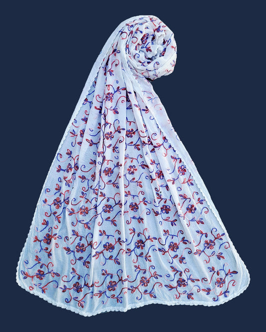 Handmade Embroidered White Dupatta | Handcrafted Floral Karhai Dupatta for Women
