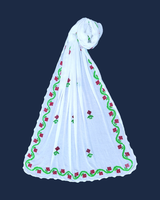 Handmade Sindhi Tanka White Dupatta