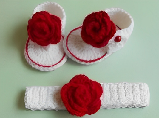 Crochet Girls Sandals And Headband Red and White