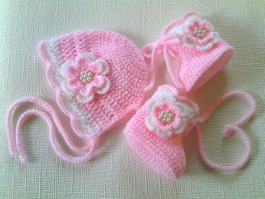 Pink Crochet Baby Girl Shoes And Cap Set