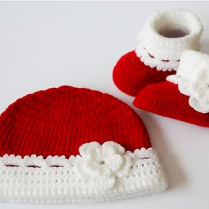 Handmade red and white Crochet Girls Booties And Cap Set with white flower embellishment