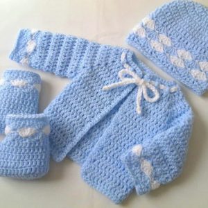 Crochet Boys Winter Outfit (Cap, Shoes & Dress) – Sky Blue