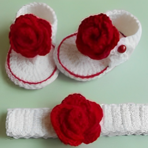 Crochet Girls Sandals And Headband Red and White