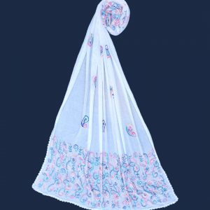 Hand Embroidered White Dupatta – Elegant Pastel Thread Work
