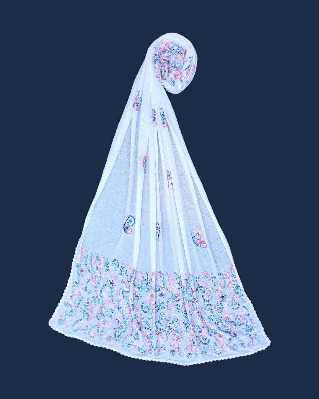 Hand Embroidered White Dupatta – Elegant Pastel Thread Work