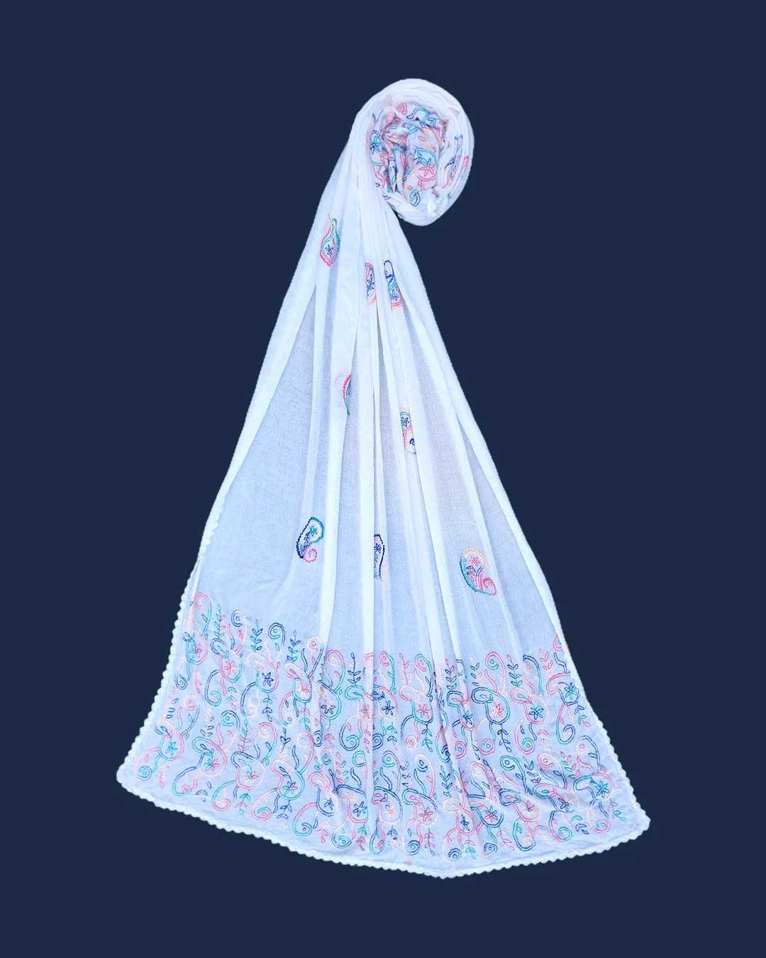 Hand Embroidered White Dupatta – Elegant Pastel Thread Work