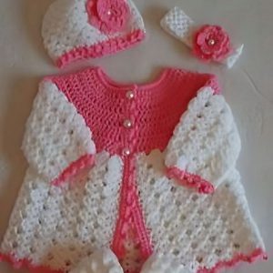 Handmade Crochet Winter Baby Dress Pink & white