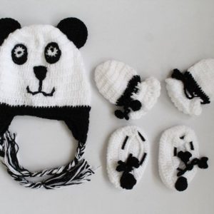 Handmade Panda Style Shoes Cap And Mittens Set