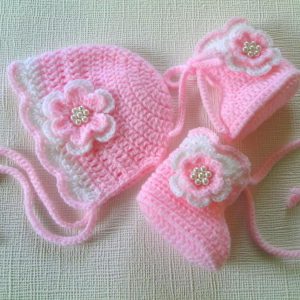 Pink Crochet Baby Girl Shoes And Cap Set