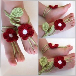 Red Rose Baby Barefoot Sandals - Green Leaf Summer Design