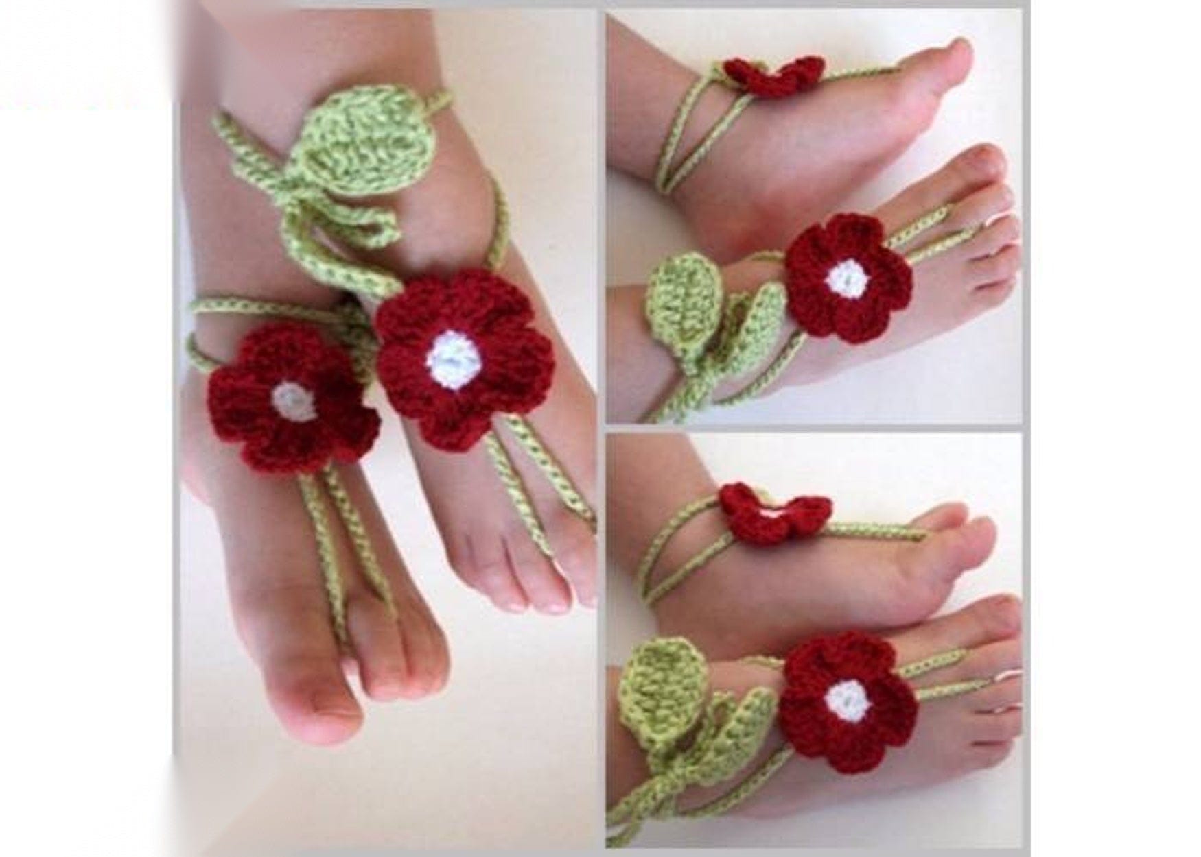 Red Rose Baby Barefoot Sandals - Green Leaf Summer Design