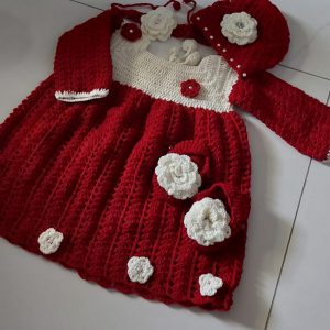 Winter Baby Dress Set – Woolen Full Sleeves Frock with Matching Cap, Shoes and Headband
