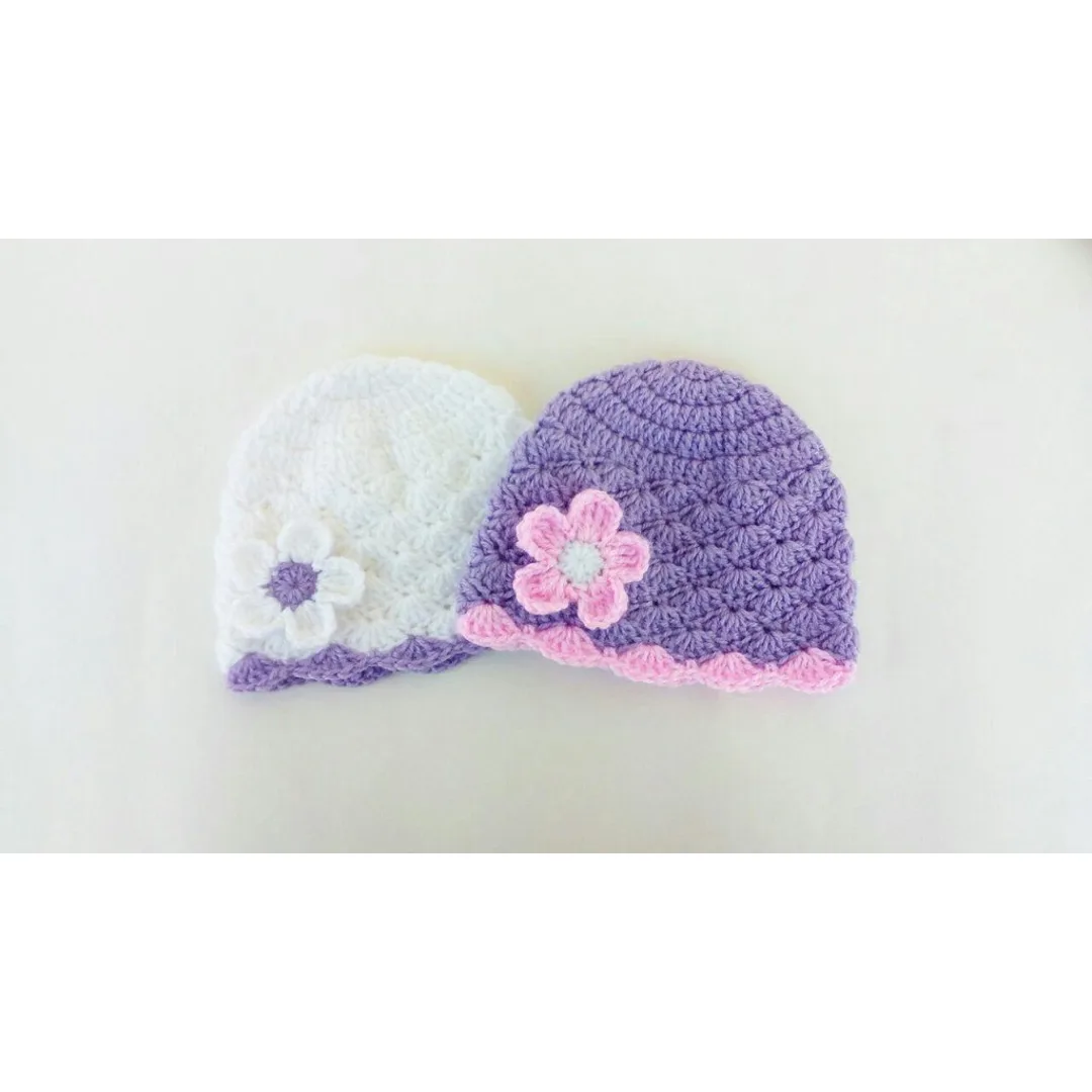 crochet scalloped baby girl cap set